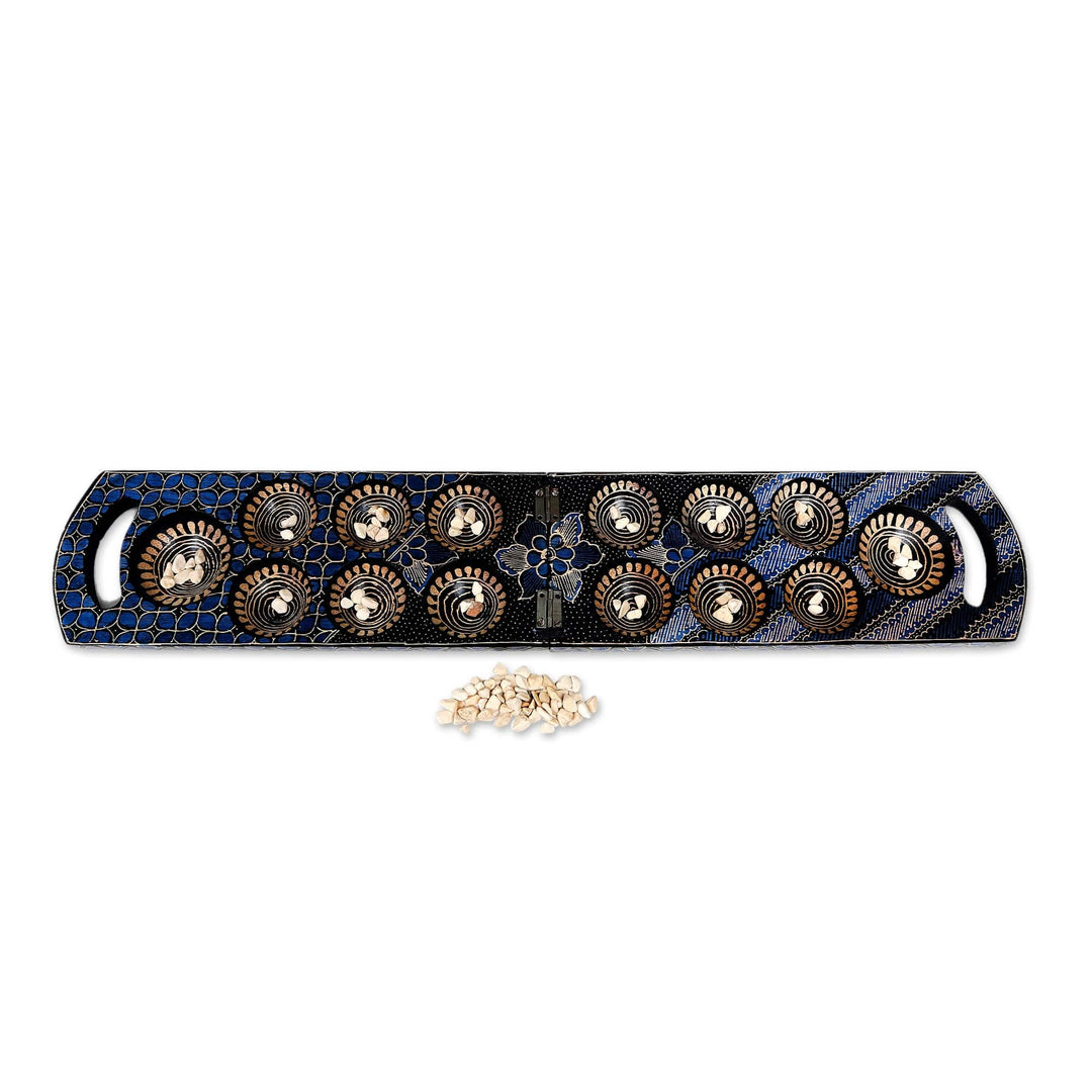 Blue Batik Wood Mancala Board Game Handcrafted in Java - Blue Clever Leisure
