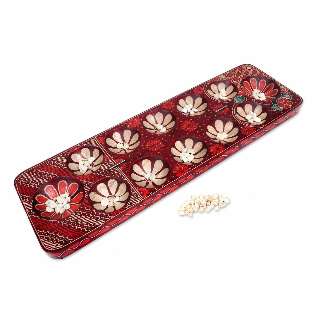 Batik Wood Mancala Game Handcrafted with Red Tones - Cunning Red Flowers