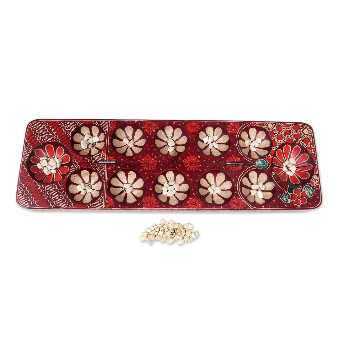 Batik Wood Mancala Game Handcrafted with Red Tones - Cunning Red Flowers