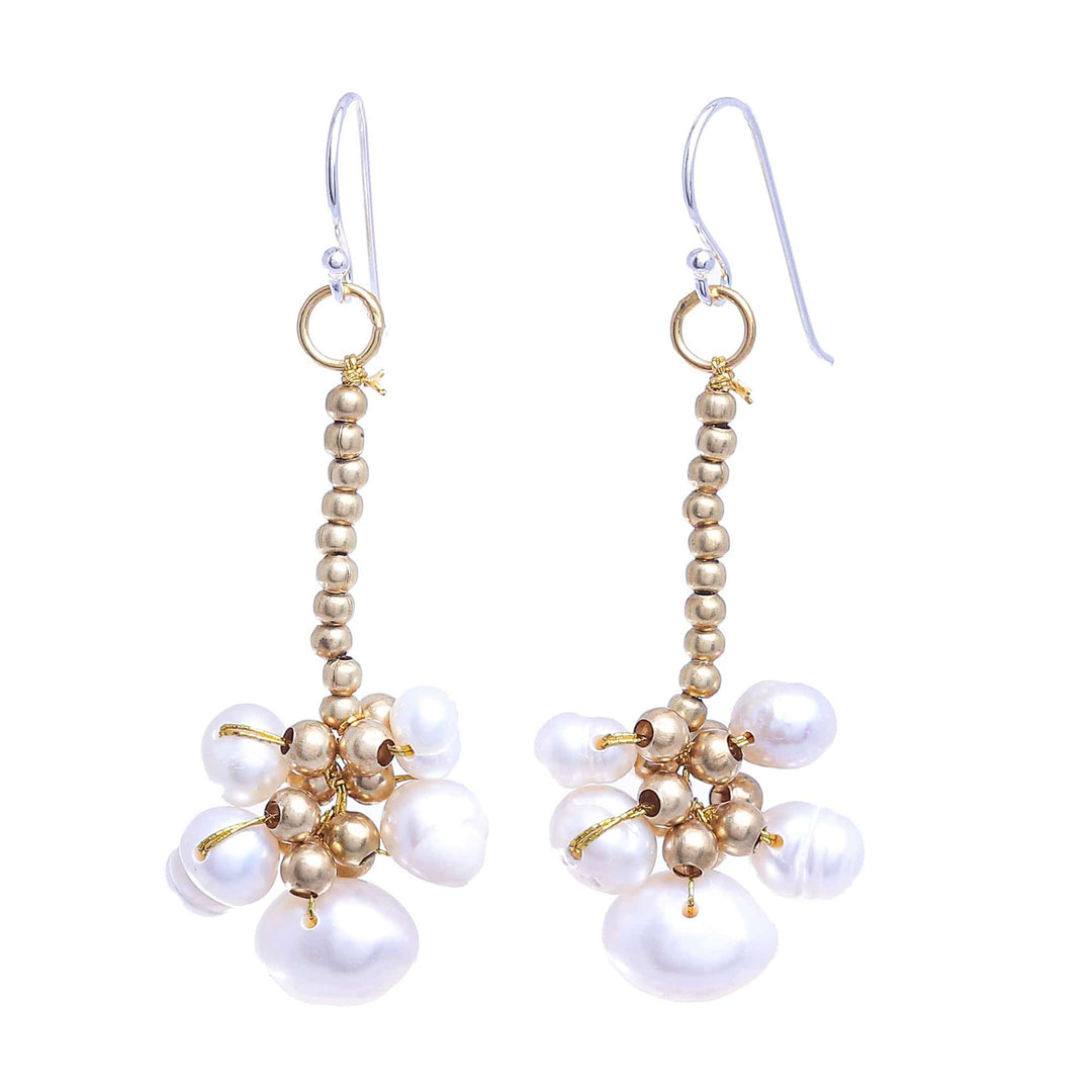 Thai Cultured Pearl and Brass Beaded Dangle Earrings - Pearly Meeting