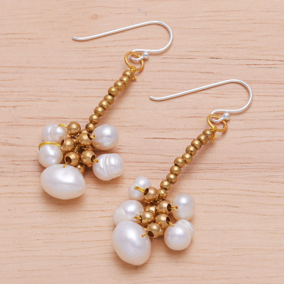 Thai Cultured Pearl and Brass Beaded Dangle Earrings - Pearly Meeting