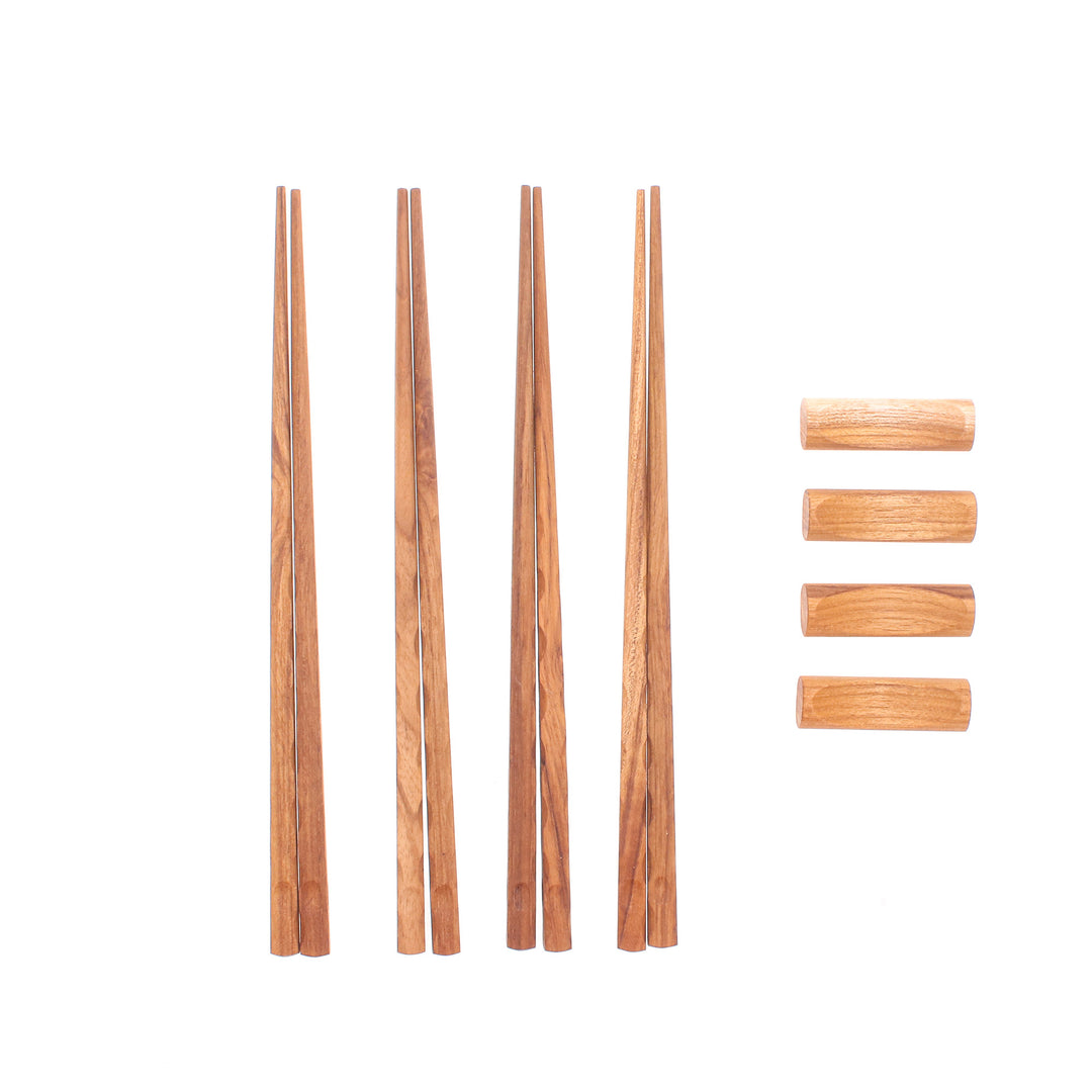 Handmade Thai Teak Wood Chopstick Set of 4 with Rests - Wave Plain