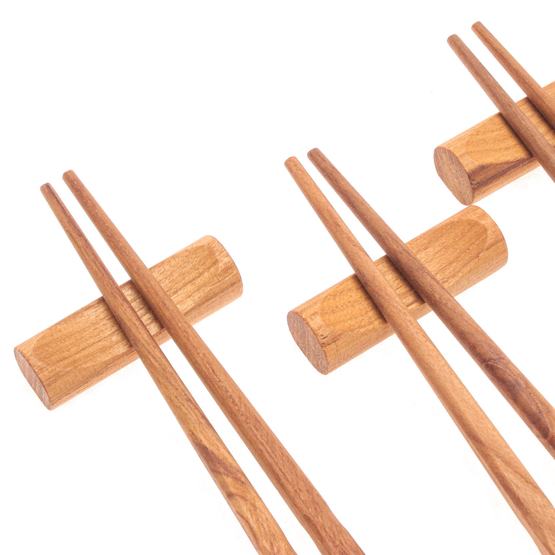Handmade Thai Teak Wood Chopstick Set of 4 with Rests - Wave Plain