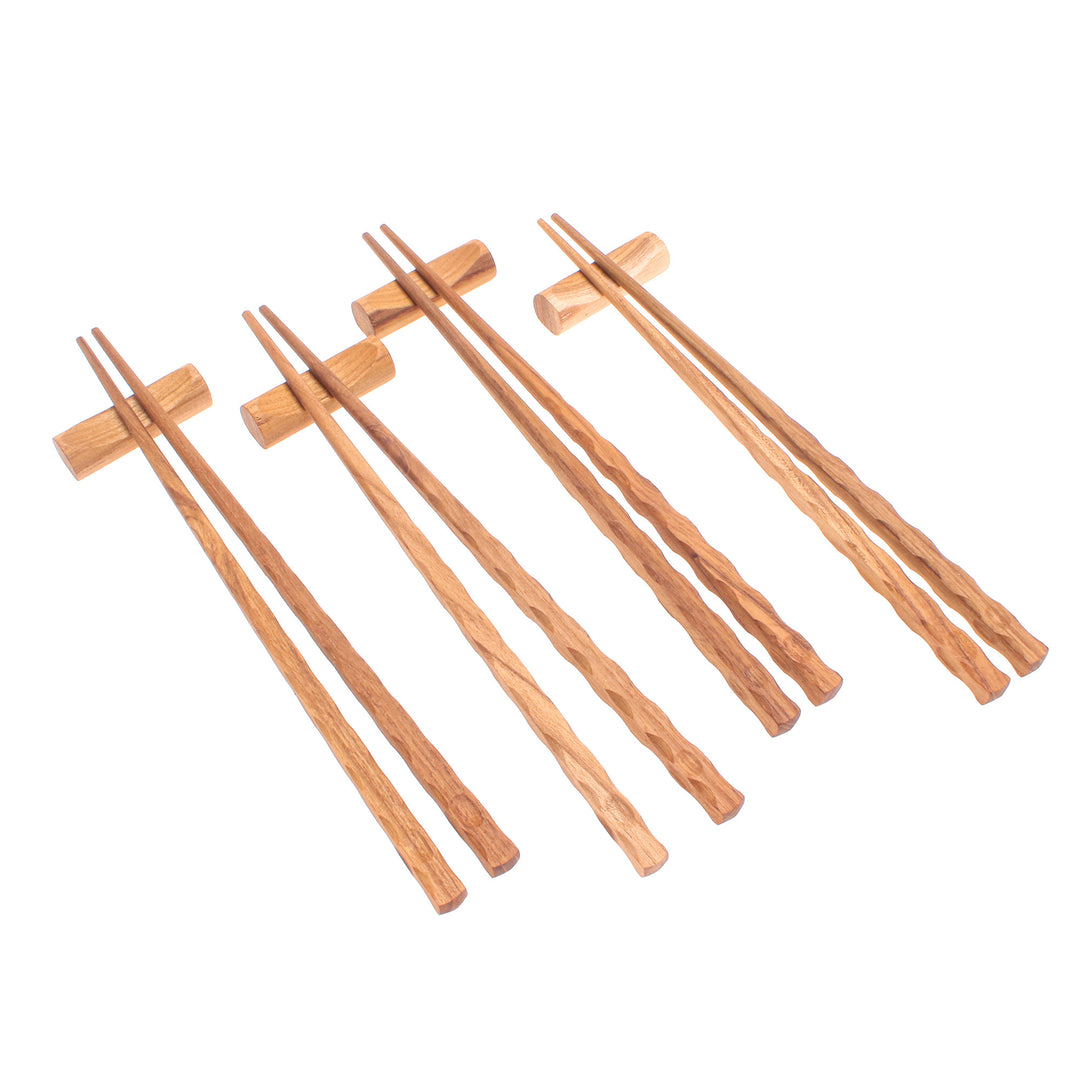 Handmade Thai Teak Wood Chopstick Set of 4 with Rests - Wave Plain
