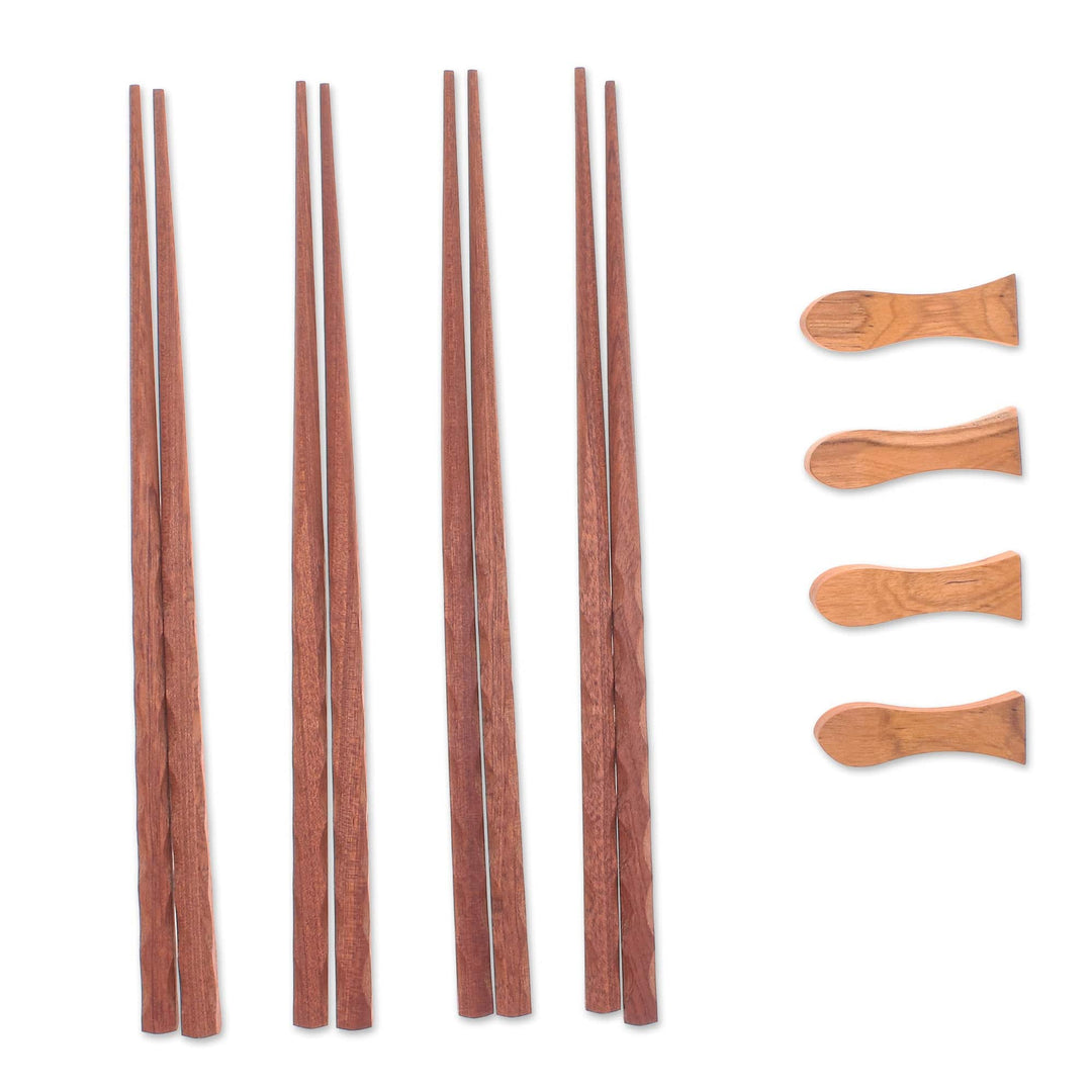 4 Pairs of Teak Wood Chopsticks with Rests from Thailand - Tasty Meal