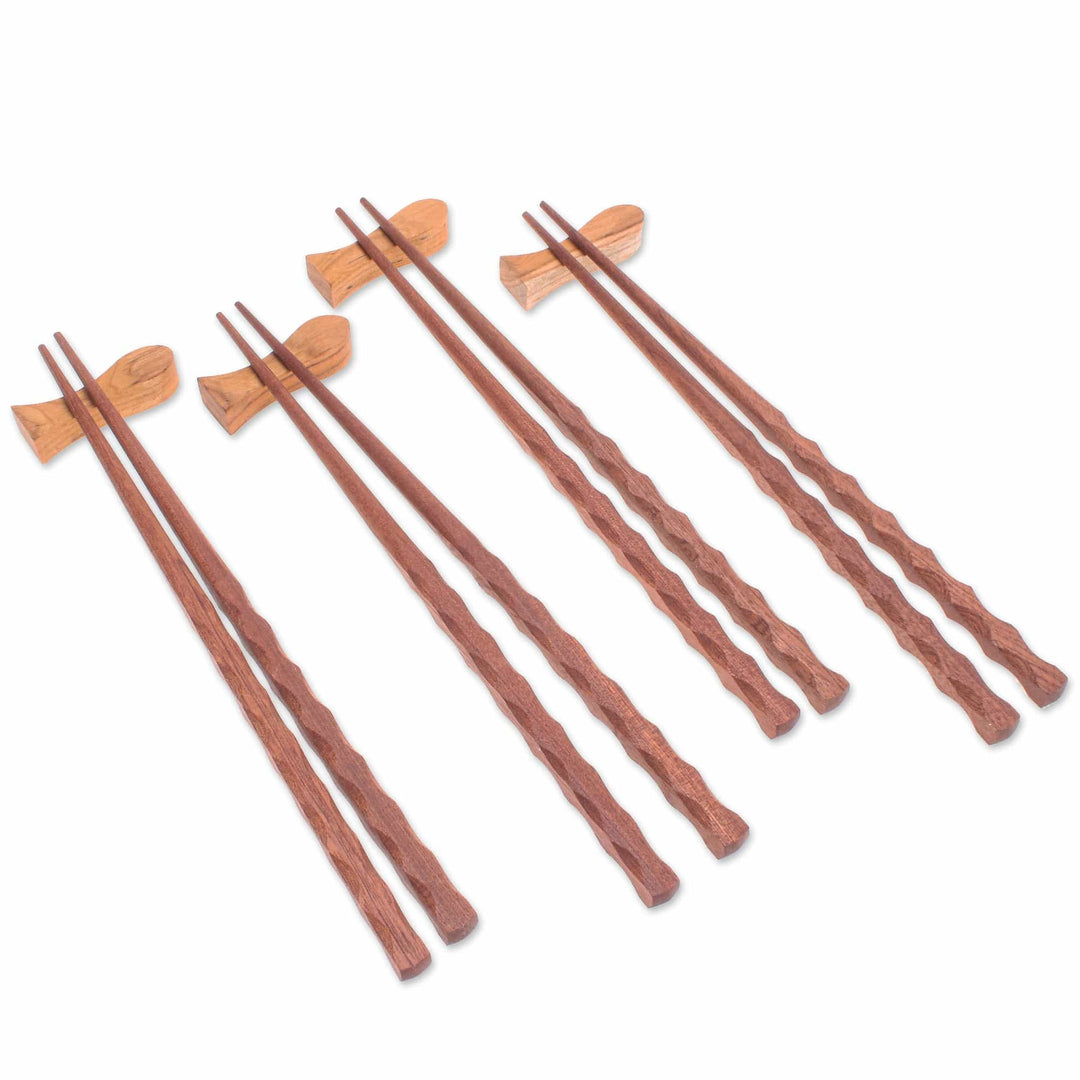 4 Pairs of Teak Wood Chopsticks with Rests from Thailand - Tasty Meal