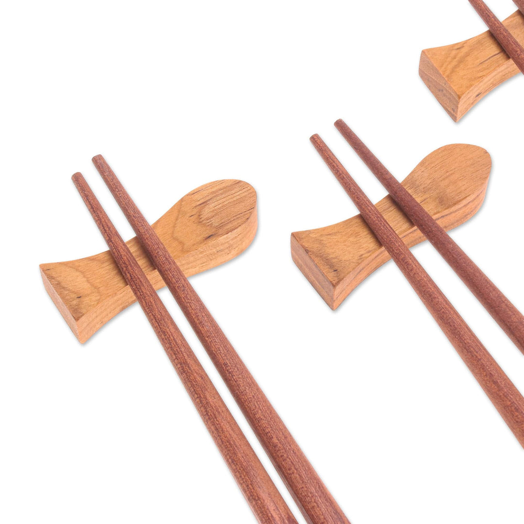 4 Pairs of Teak Wood Chopsticks with Rests from Thailand - Tasty Meal