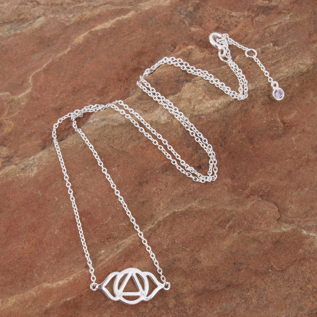 Sterling Silver Pendant Necklace with Purple Cubic Zirconia - Purple Third Eye