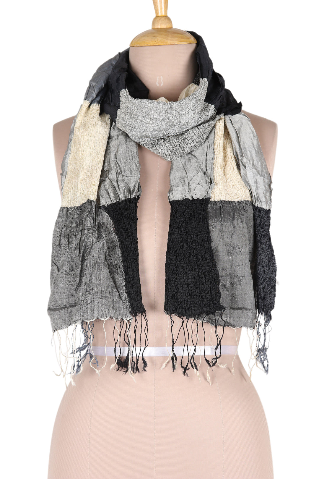 100% Silk Checkered and Ruffled Scarf Woven in India - Grey Mystique Saga