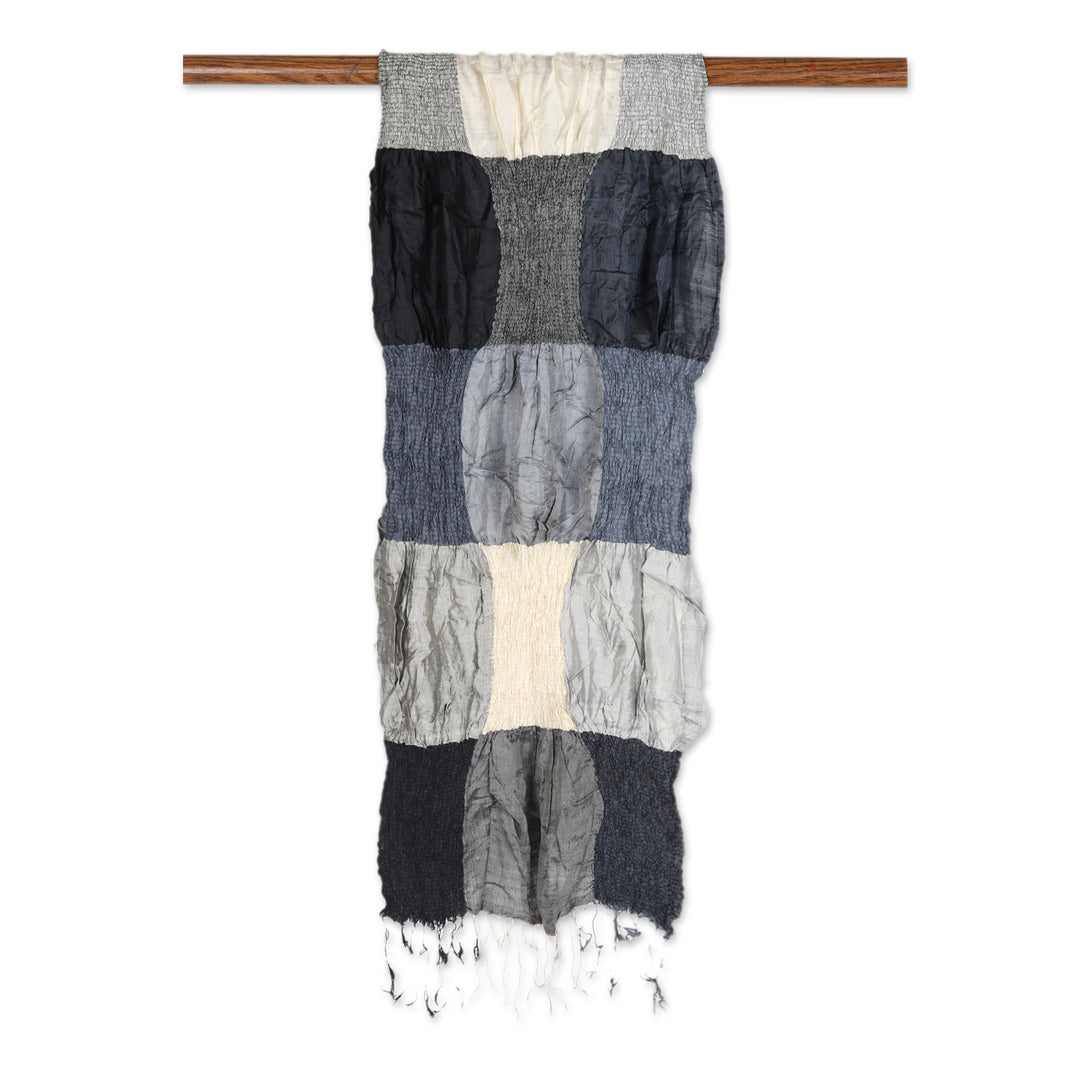 100% Silk Checkered and Ruffled Scarf Woven in India - Grey Mystique Saga