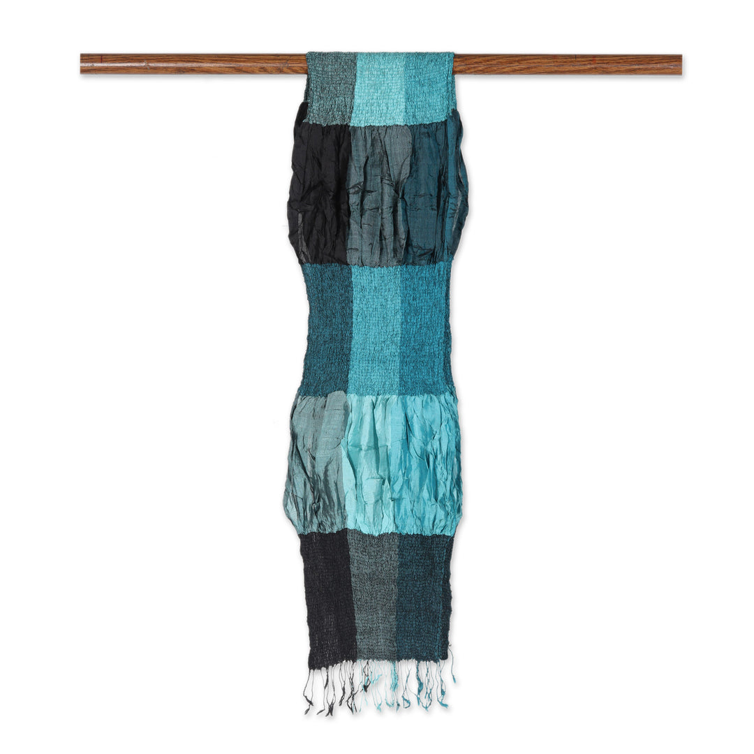 100% Silk Teal Checkered and Ruffled Scarf Woven in India - Teal Mystique Saga