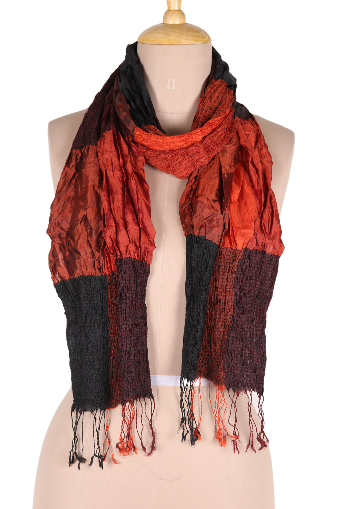 100% Silk Russet Checkered and Ruffled Scarf Woven in India - Russet Mystique Saga