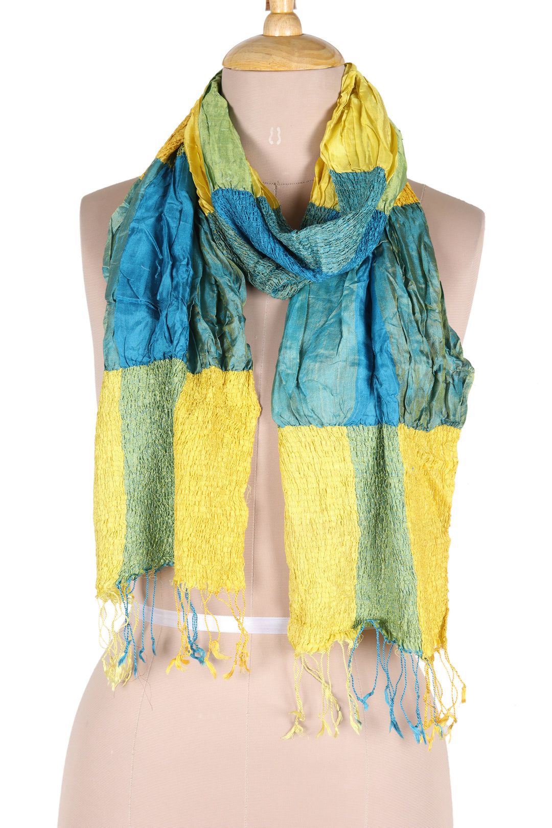 100% Silk Yellow Checkered and Ruffled Scarf Woven in India - Yellow Mystique Saga