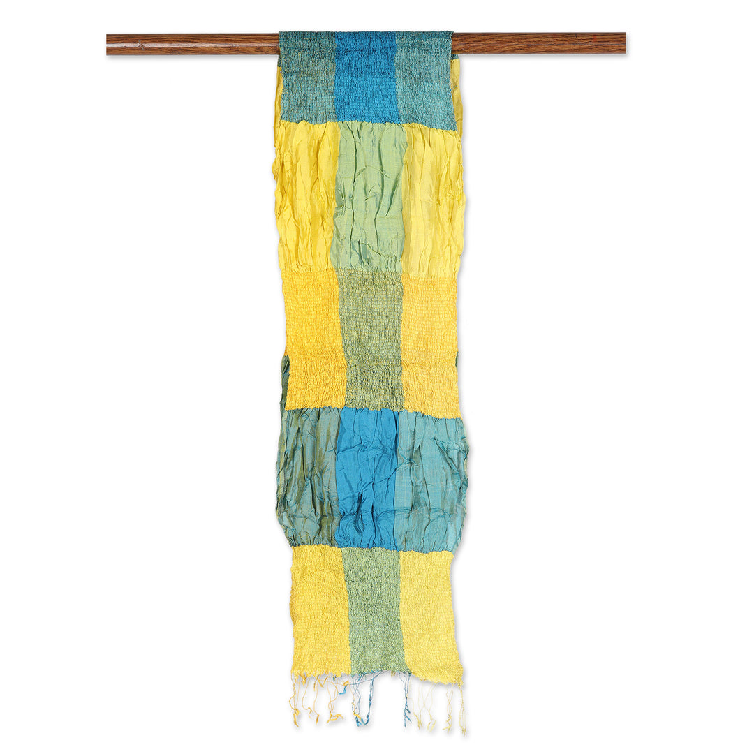 100% Silk Yellow Checkered and Ruffled Scarf Woven in India - Yellow Mystique Saga