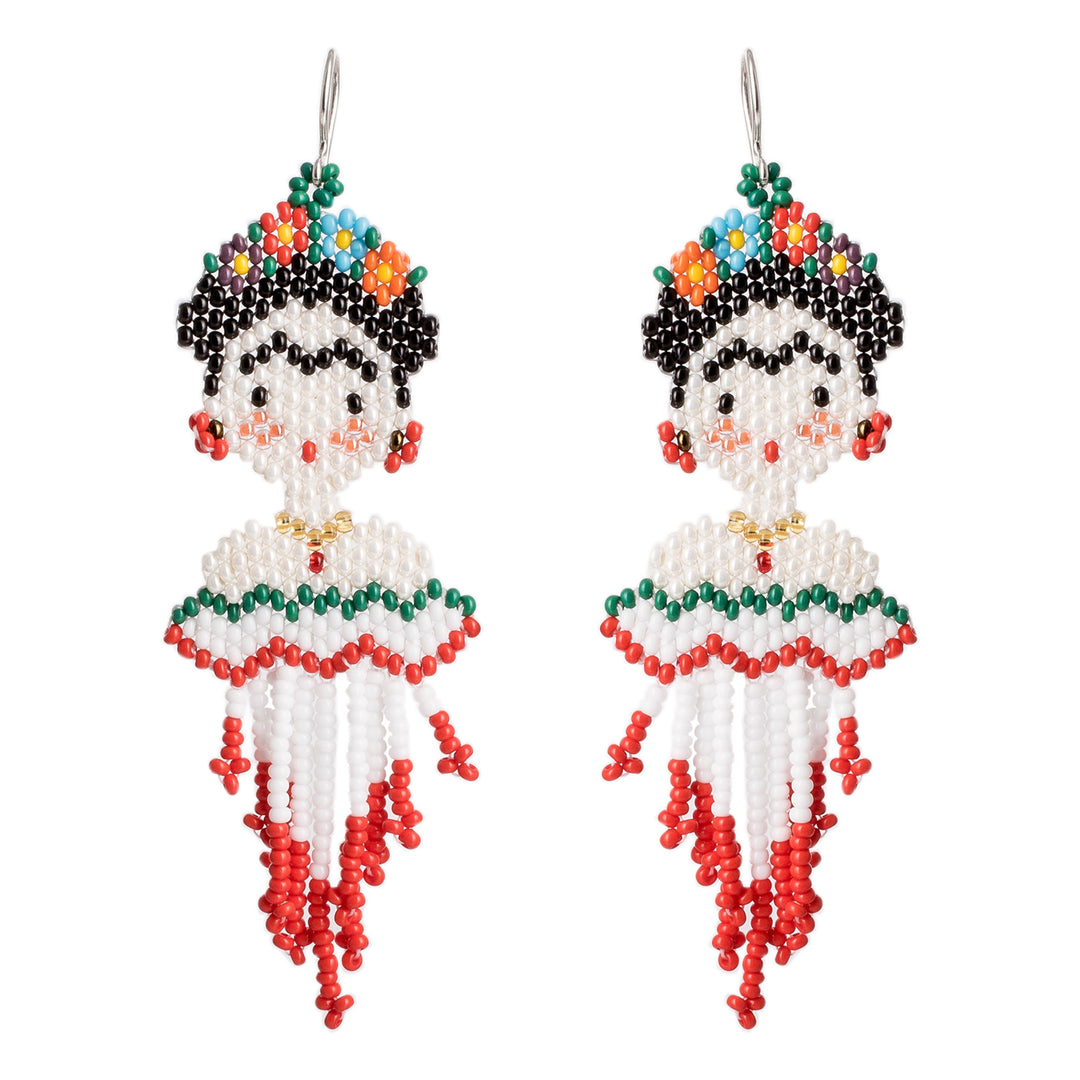 Handmade Frida Kahlo Glass Bead Earrings from Guatemala - Kahlo