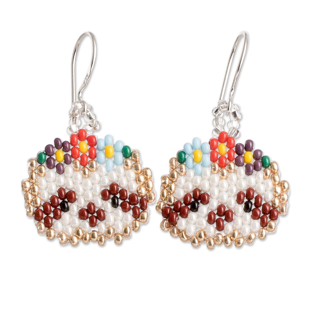 Guatemalan Handmade Wildlife-Themed Beaded Dangle Earrings - Golden Floral Sloth