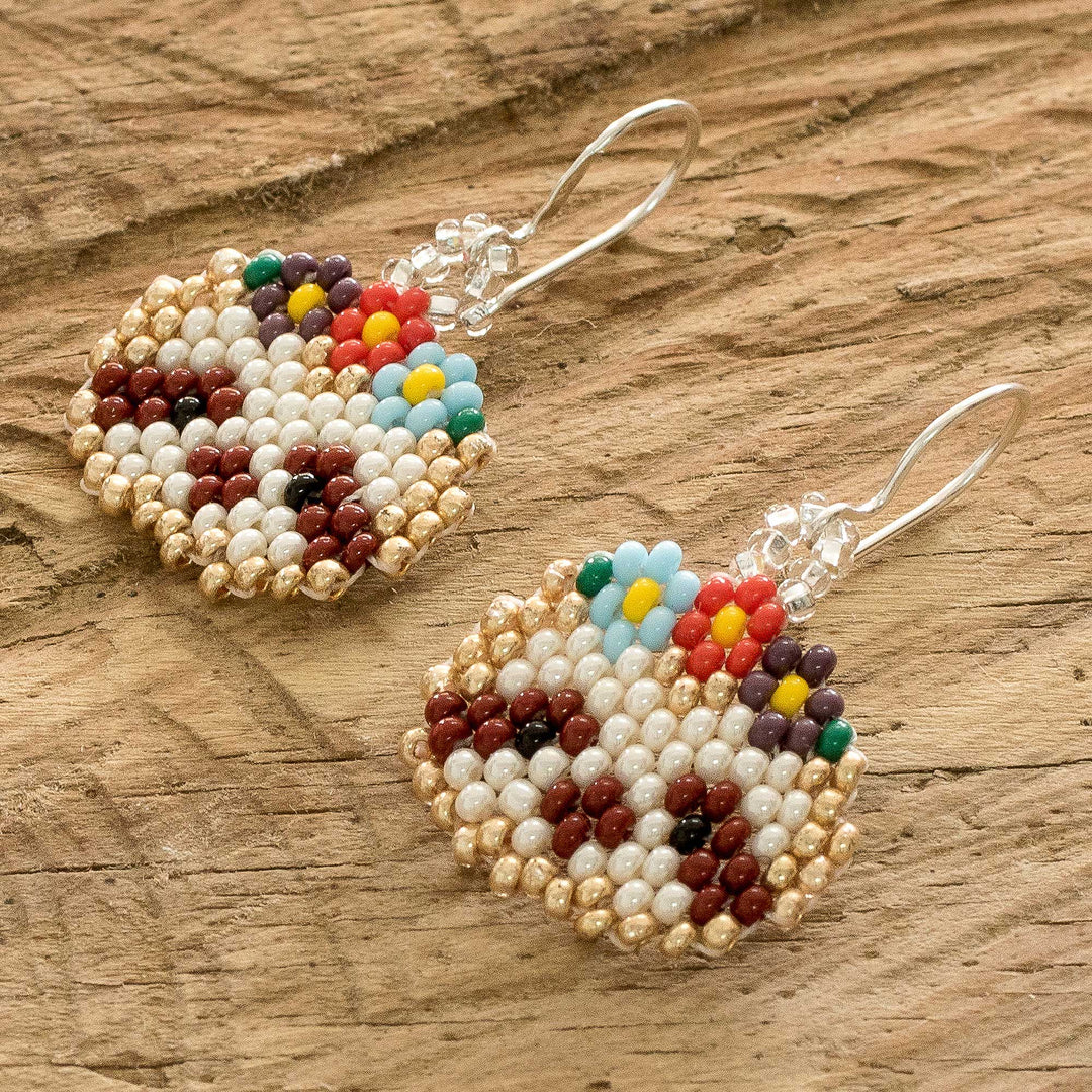 Guatemalan Handmade Wildlife-Themed Beaded Dangle Earrings - Golden Floral Sloth