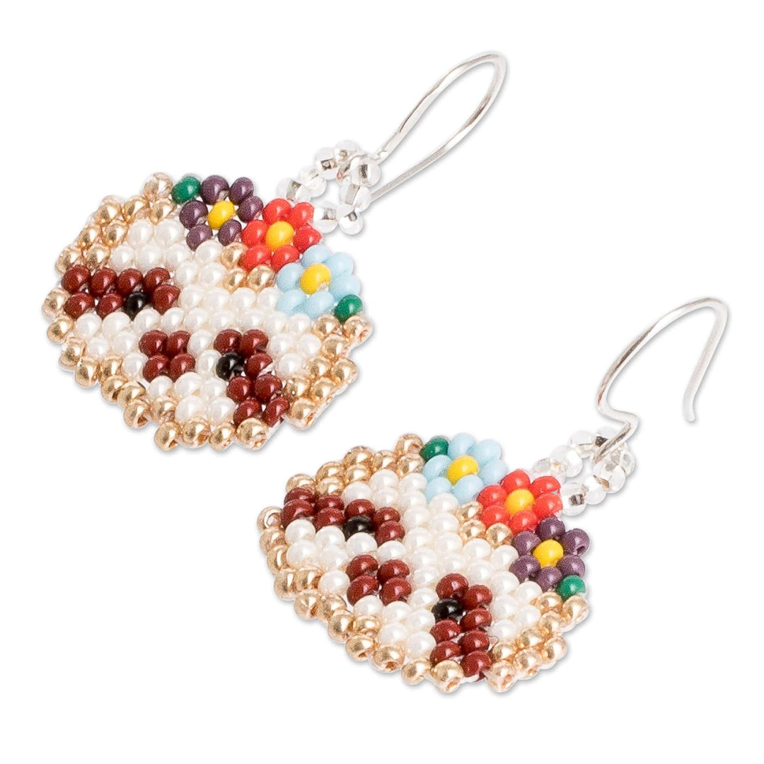 Guatemalan Handmade Wildlife-Themed Beaded Dangle Earrings - Golden Floral Sloth