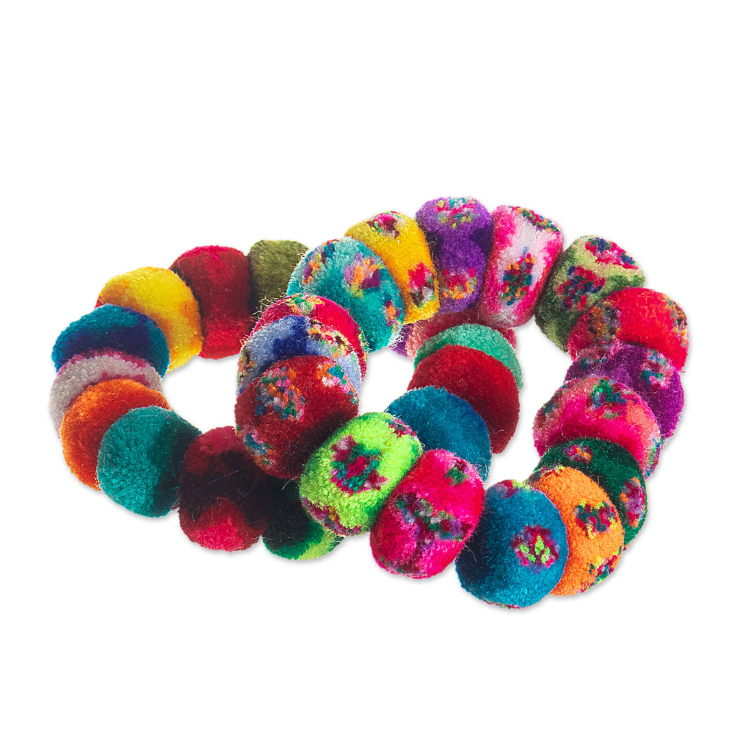 Multicolor Pompom Scrunchies from Peru (Pair) - Dancing at the Andean Festival