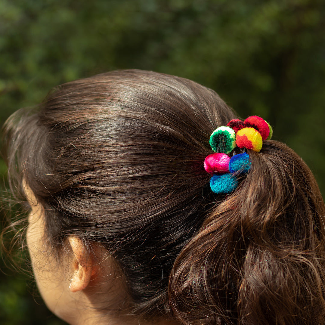 Multicolor Pompom Scrunchies from Peru (Pair) - Dancing at the Andean Festival
