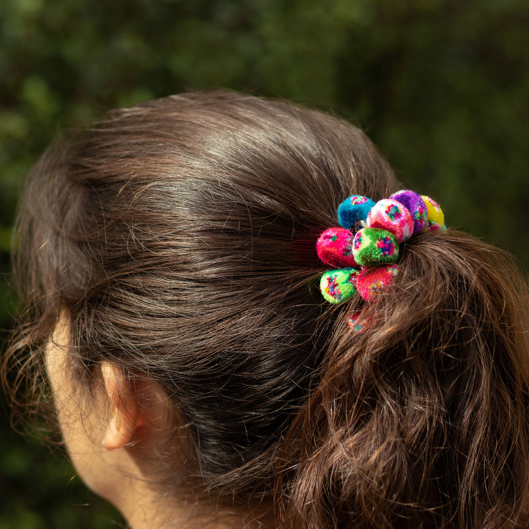 Multicolor Pompom Scrunchies from Peru (Pair) - Dancing at the Andean Festival