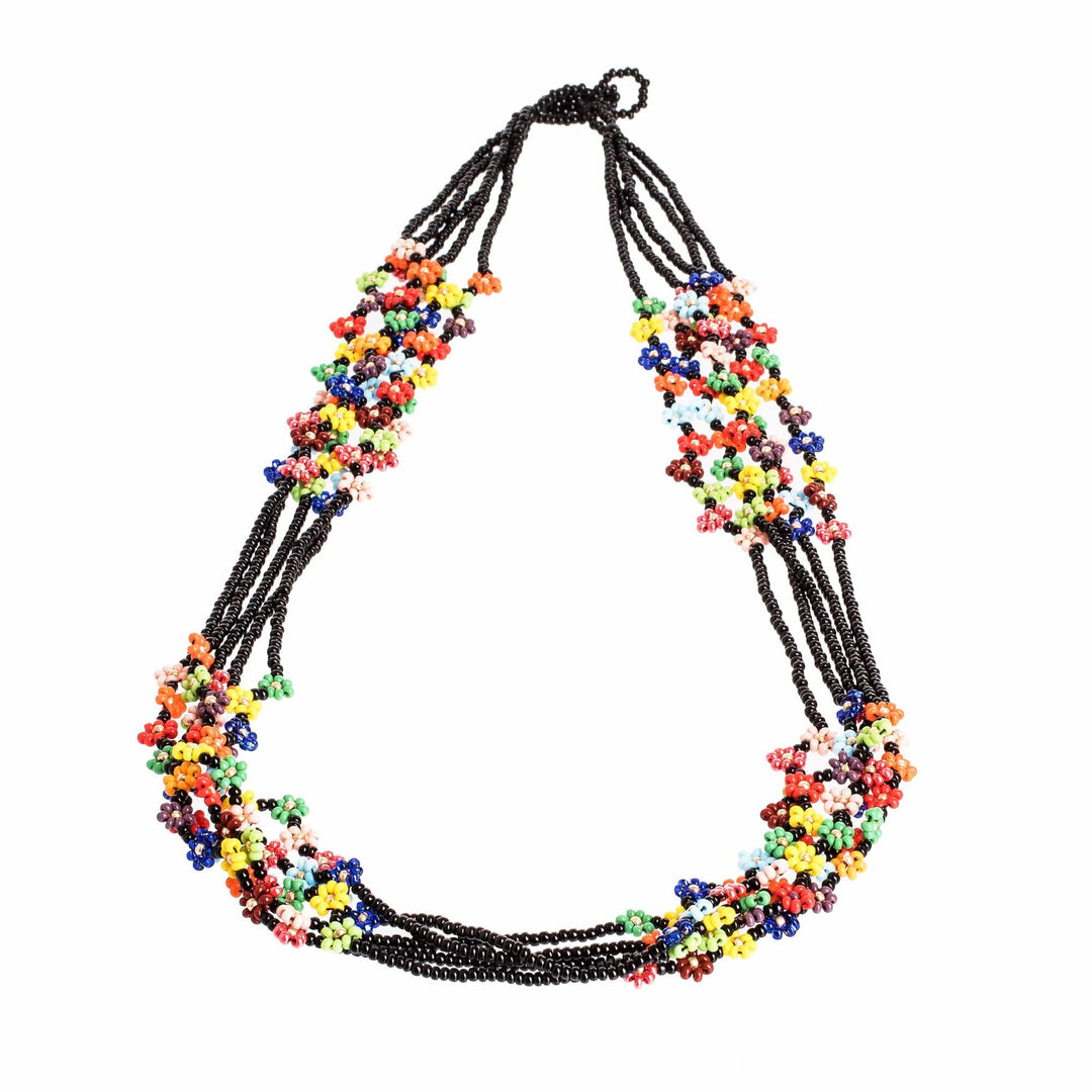 Artisan Handmade Beaded Necklace from Guatemala with Flowers - Flower Festival in Black
