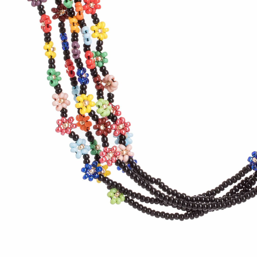 Artisan Handmade Beaded Necklace from Guatemala with Flowers - Flower Festival in Black