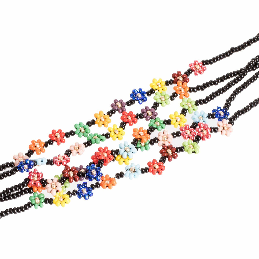 Artisan Handmade Beaded Necklace from Guatemala with Flowers - Flower Festival in Black