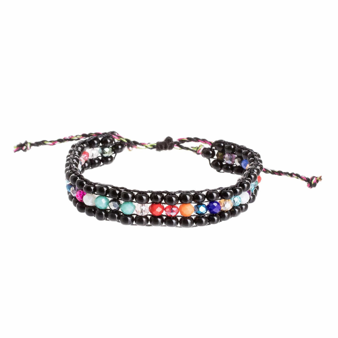 Multicolor Glass and Crystal Beaded Bracelet from Guatemala - Dreams in Black