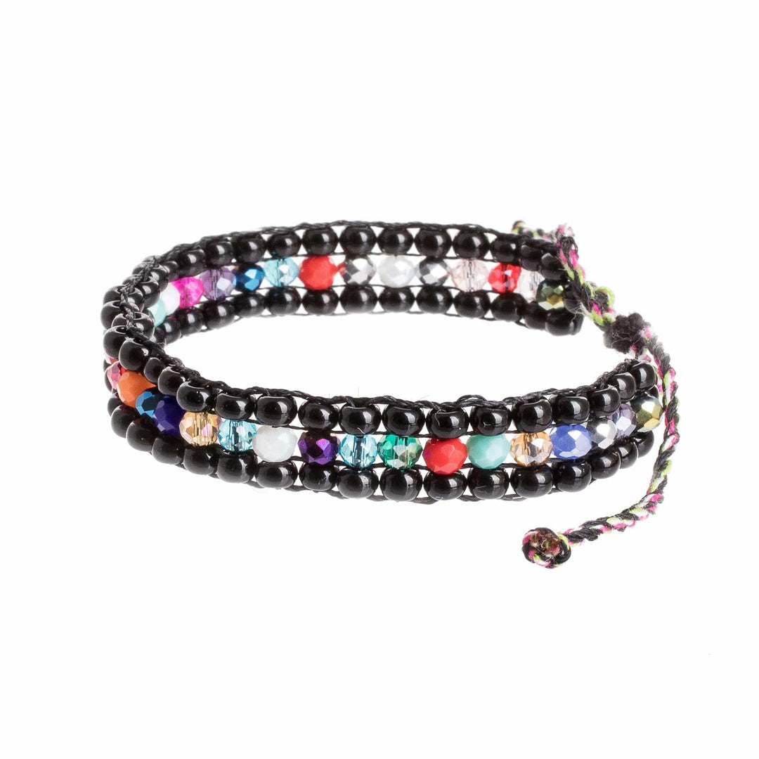 Multicolor Glass and Crystal Beaded Bracelet from Guatemala - Dreams in Black