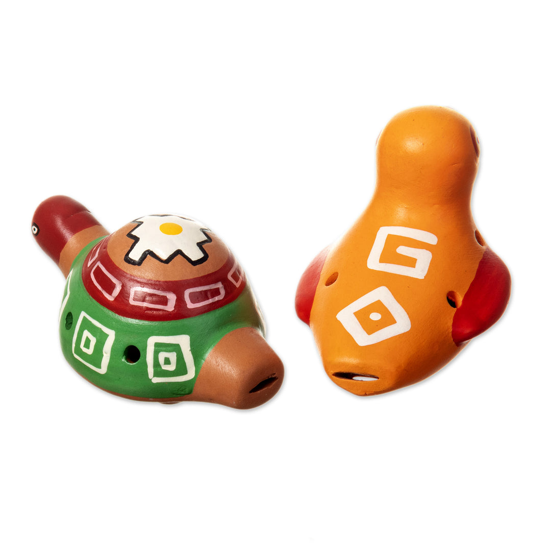 Peruvian Handmade Animal Themed Ceramic Ocarinas (2 Pieces) - Let's Sing Together