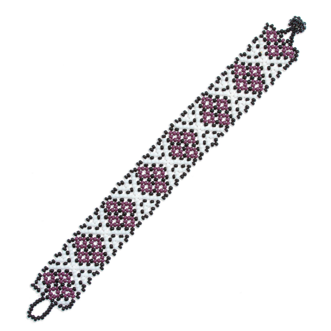 Hand Beaded Bracelet from Mexico - Peyote Flower in Plum