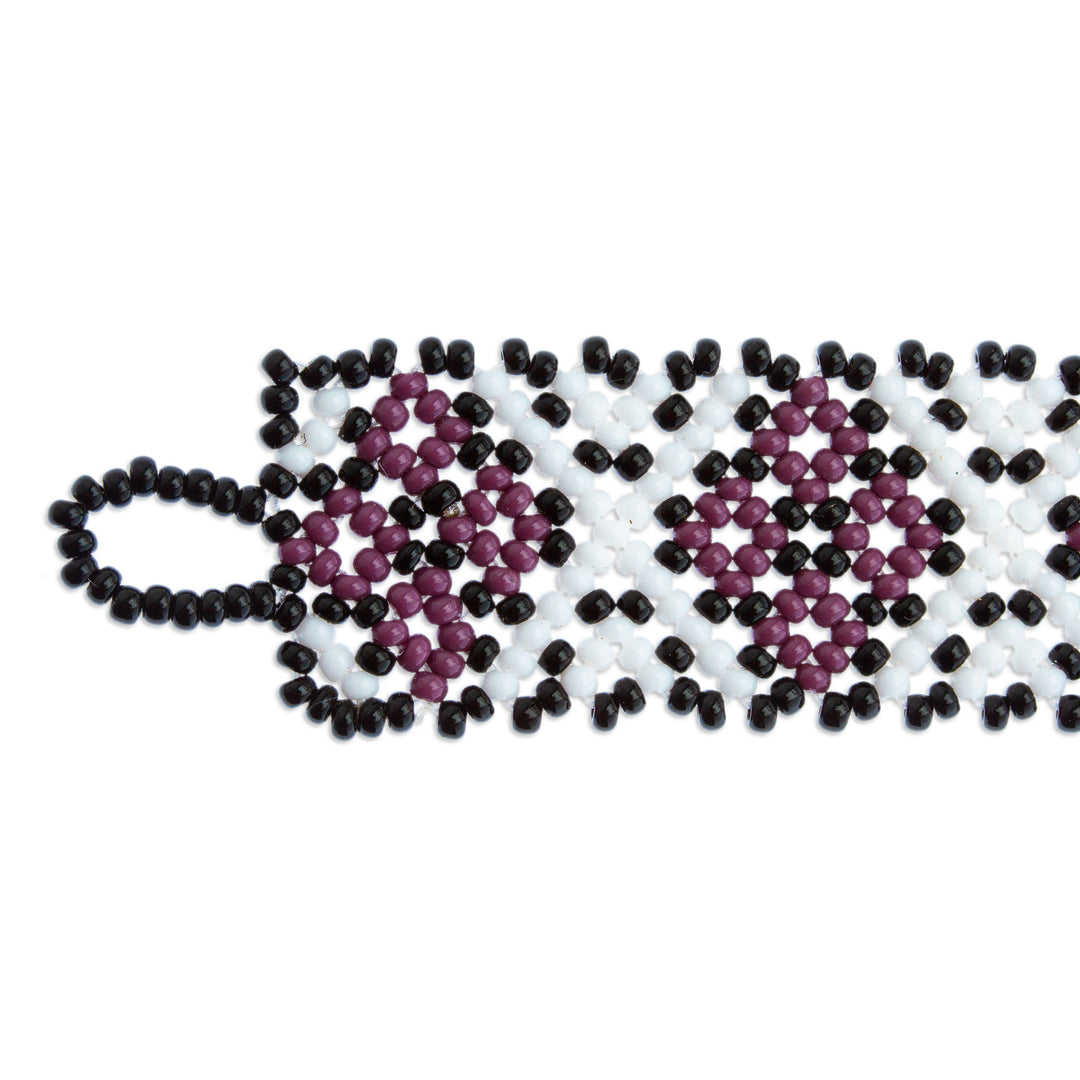 Hand Beaded Bracelet from Mexico - Peyote Flower in Plum