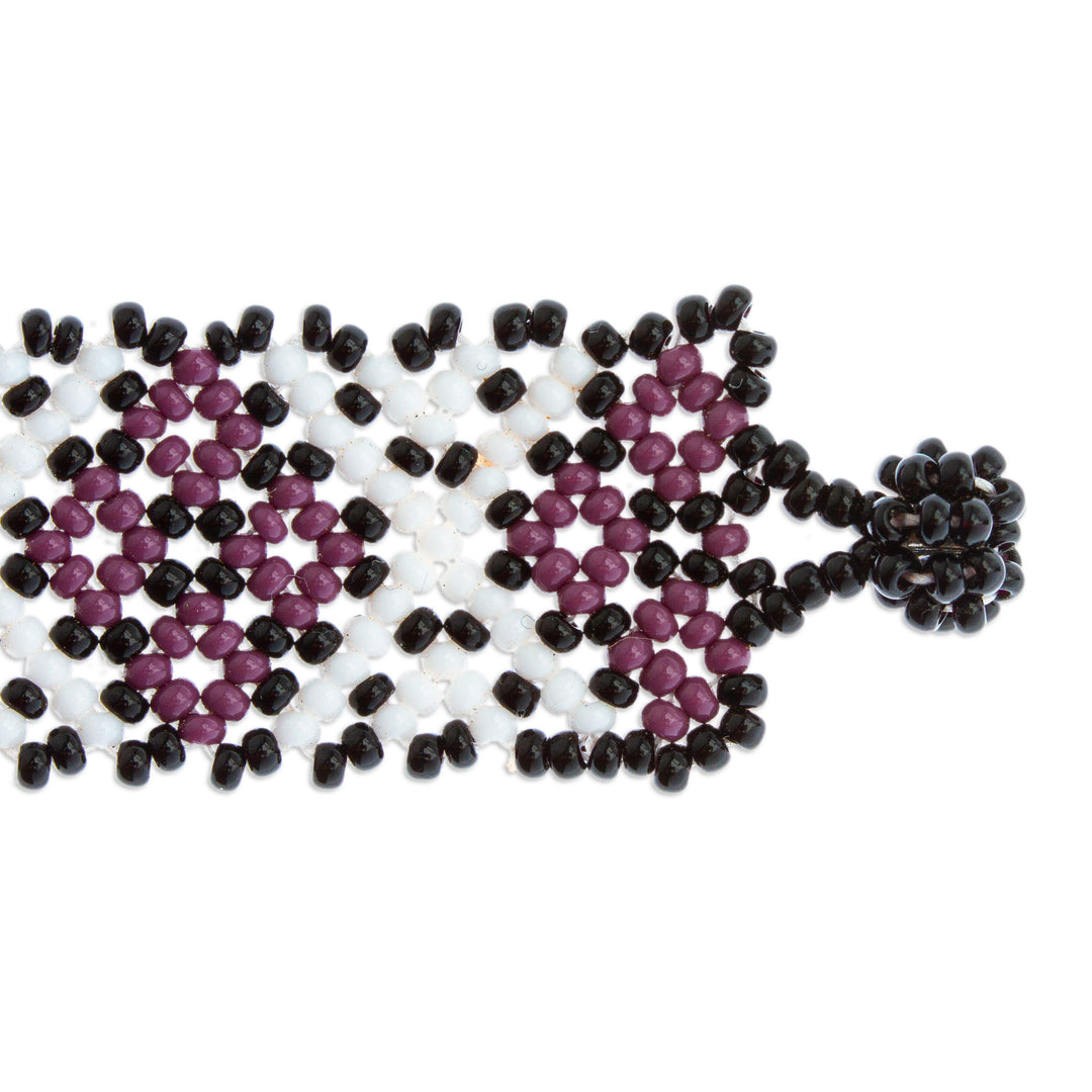 Hand Beaded Bracelet from Mexico - Peyote Flower in Plum