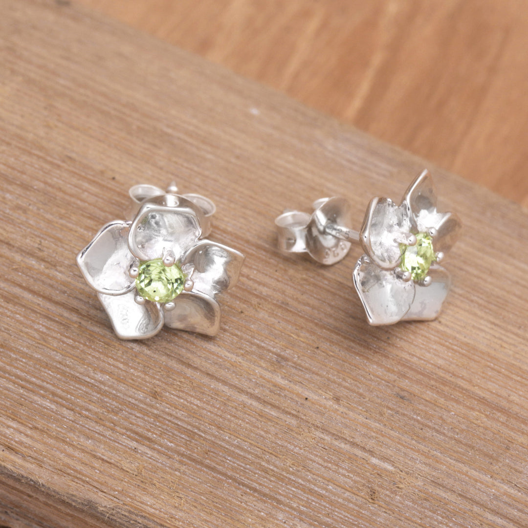 Sterling Silver Stud Earrings with Natural Faceted Peridot - Prosperity Blooms