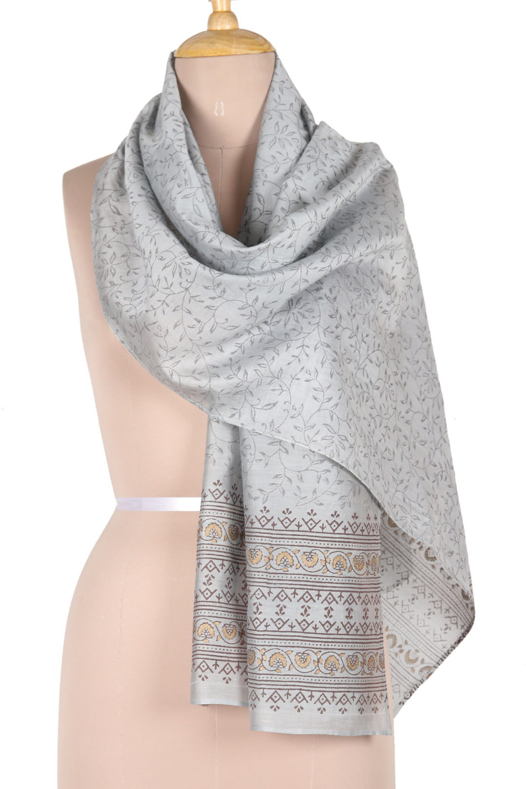 Handloomed Cotton Blend Ash Shawl with Printed Leafy Details - Ash Elegance