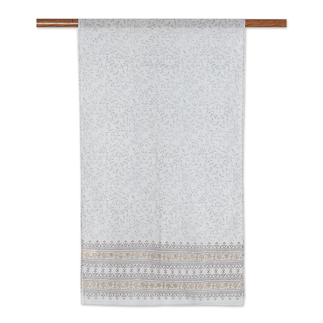 Handloomed Cotton Blend Ash Shawl with Printed Leafy Details - Ash Elegance