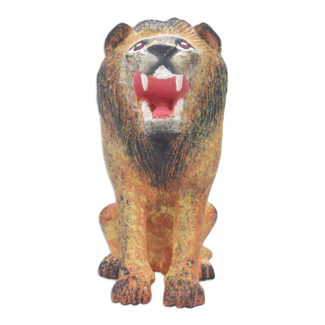 Lion Wood Figurine Hand-carved & Hand-painted in Indonesia - Roaring Lion