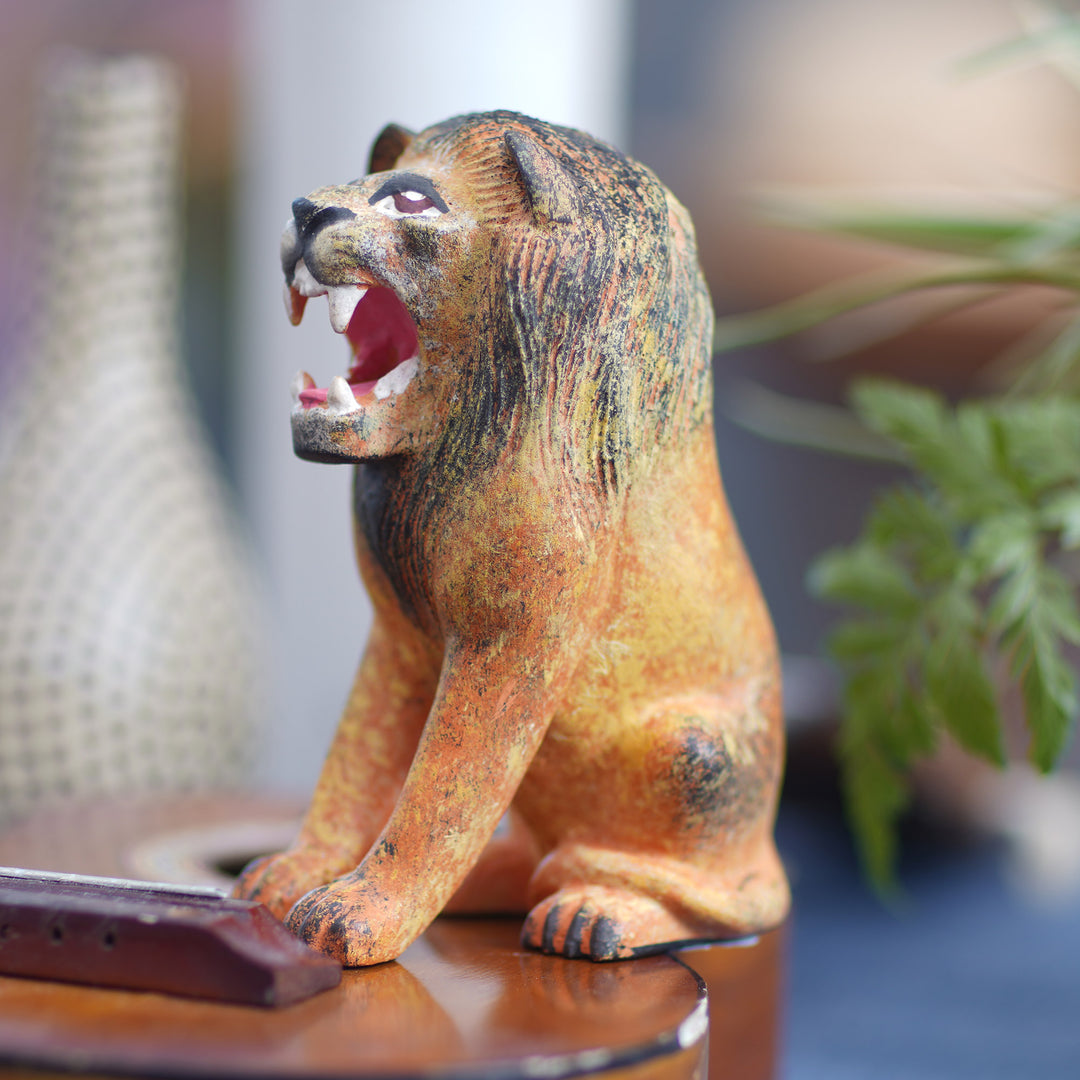 Lion Wood Figurine Hand-carved & Hand-painted in Indonesia - Roaring Lion