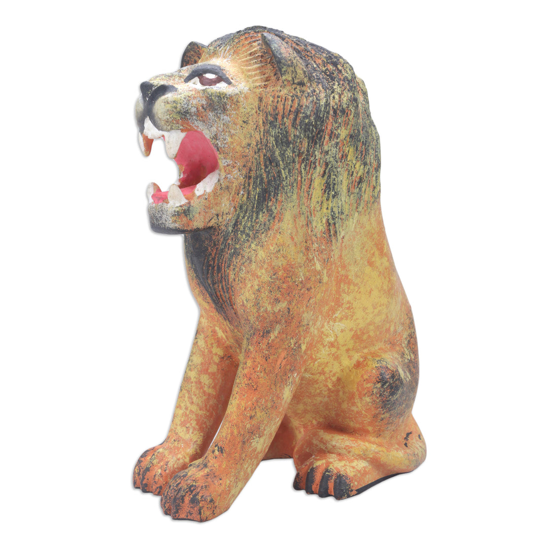 Lion Wood Figurine Hand-carved & Hand-painted in Indonesia - Roaring Lion