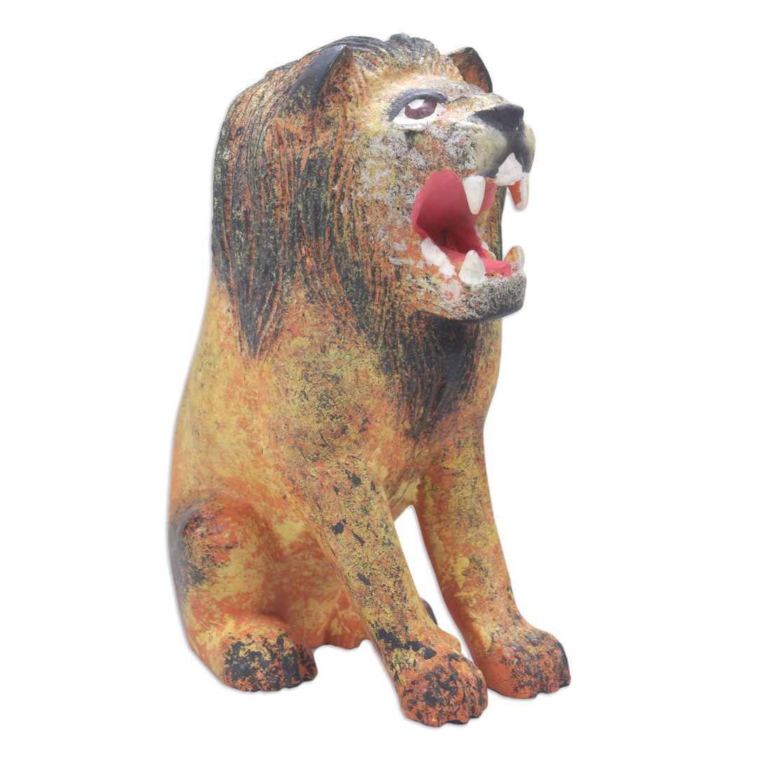 Lion Wood Figurine Hand-carved & Hand-painted in Indonesia - Roaring Lion