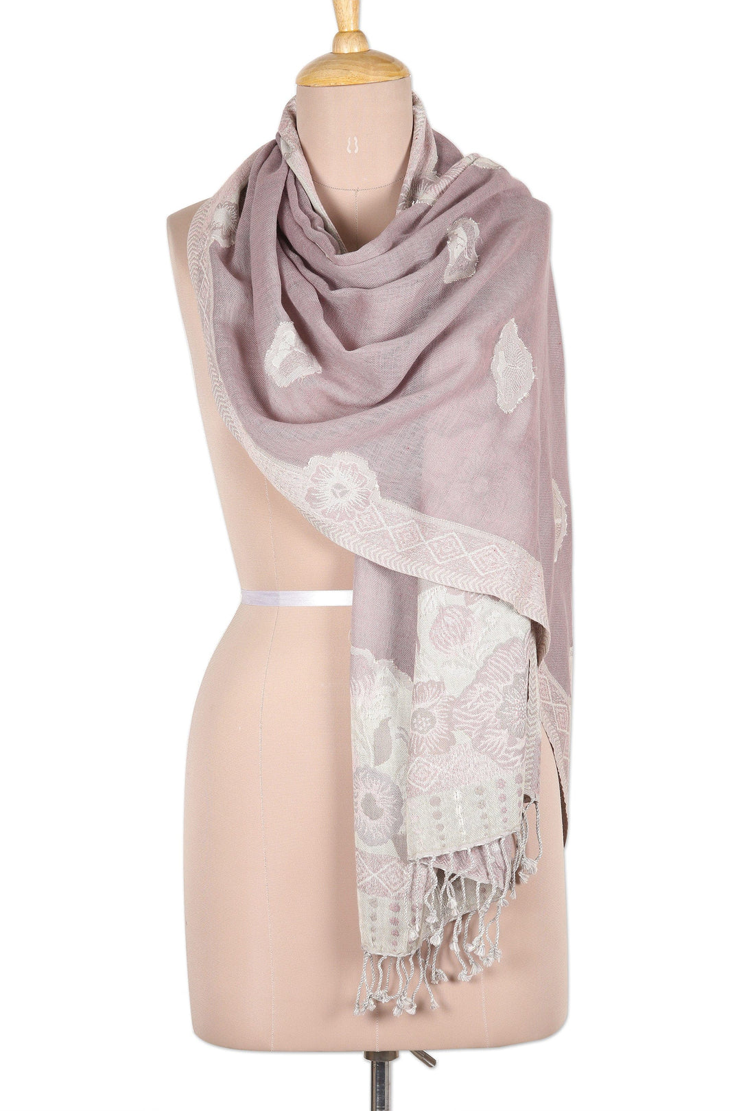Cotton & Wool Shawl with Floral Pattern Woven in India - Bloom Charm