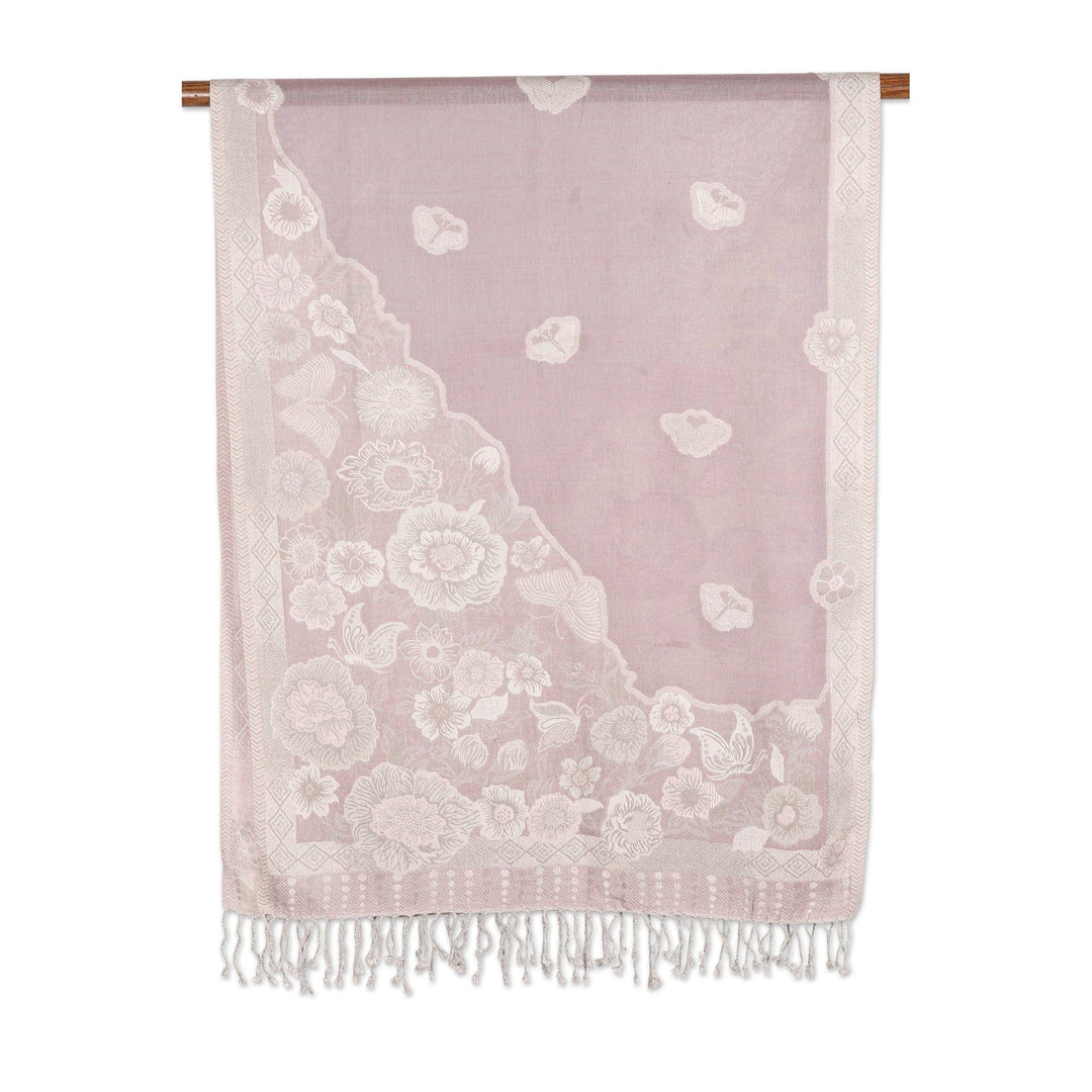Cotton & Wool Shawl with Floral Pattern Woven in India - Bloom Charm