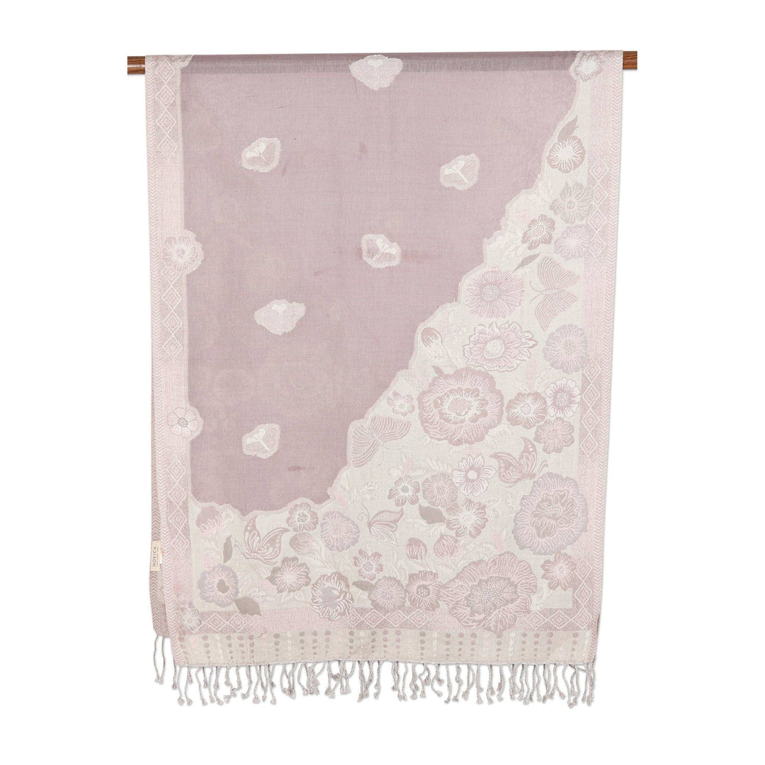 Cotton & Wool Shawl with Floral Pattern Woven in India - Bloom Charm