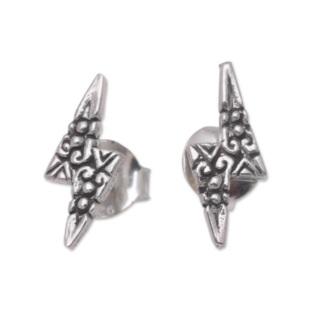 Sterling Silver Button Earrings with Lightning Bolts - Enchanted Thunder