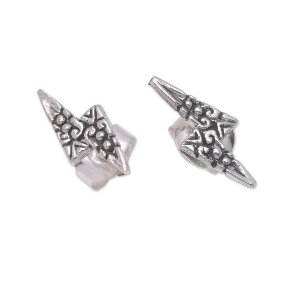 Sterling Silver Button Earrings with Lightning Bolts - Enchanted Thunder