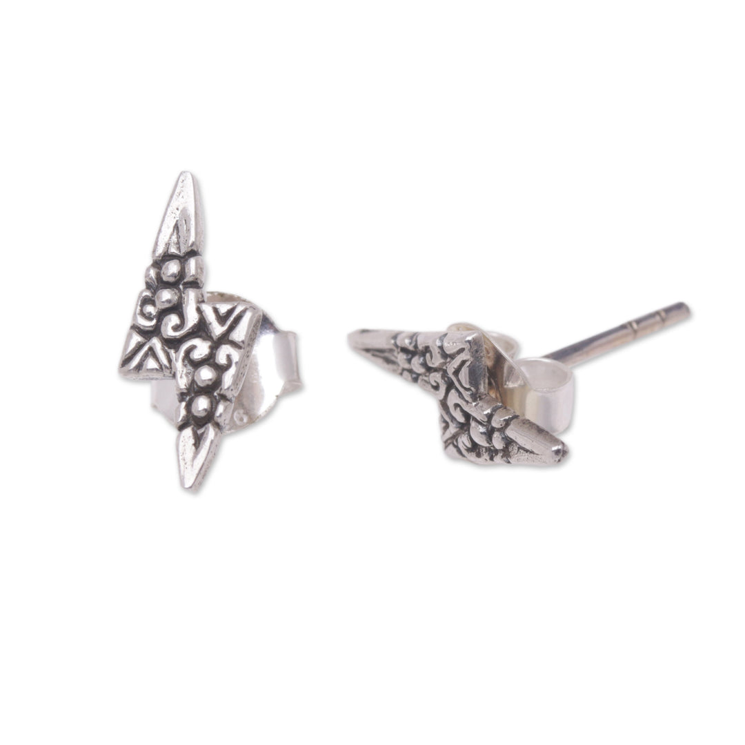 Sterling Silver Button Earrings with Lightning Bolts - Enchanted Thunder