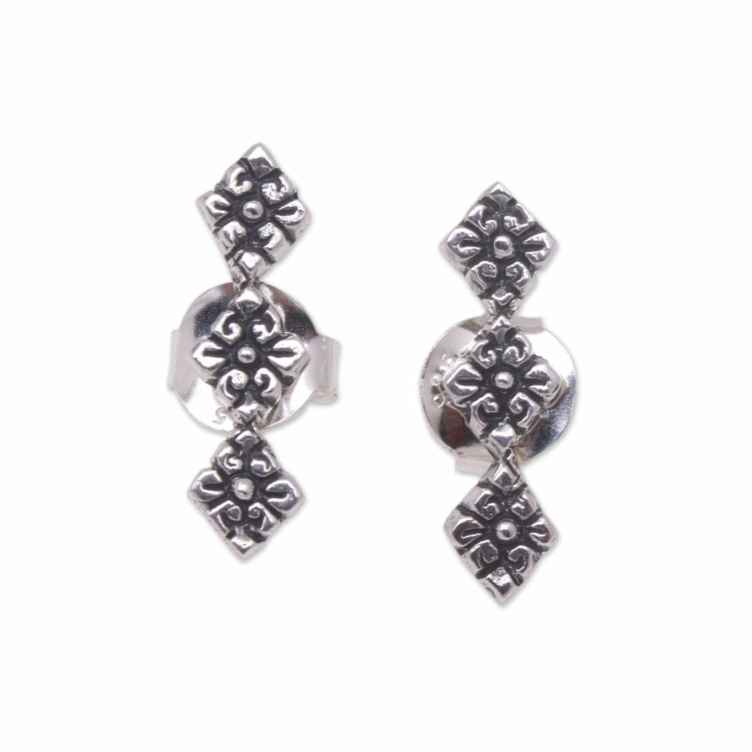 Sterling Silver Button Earrings with Floral Diamonds - Diamond Flora
