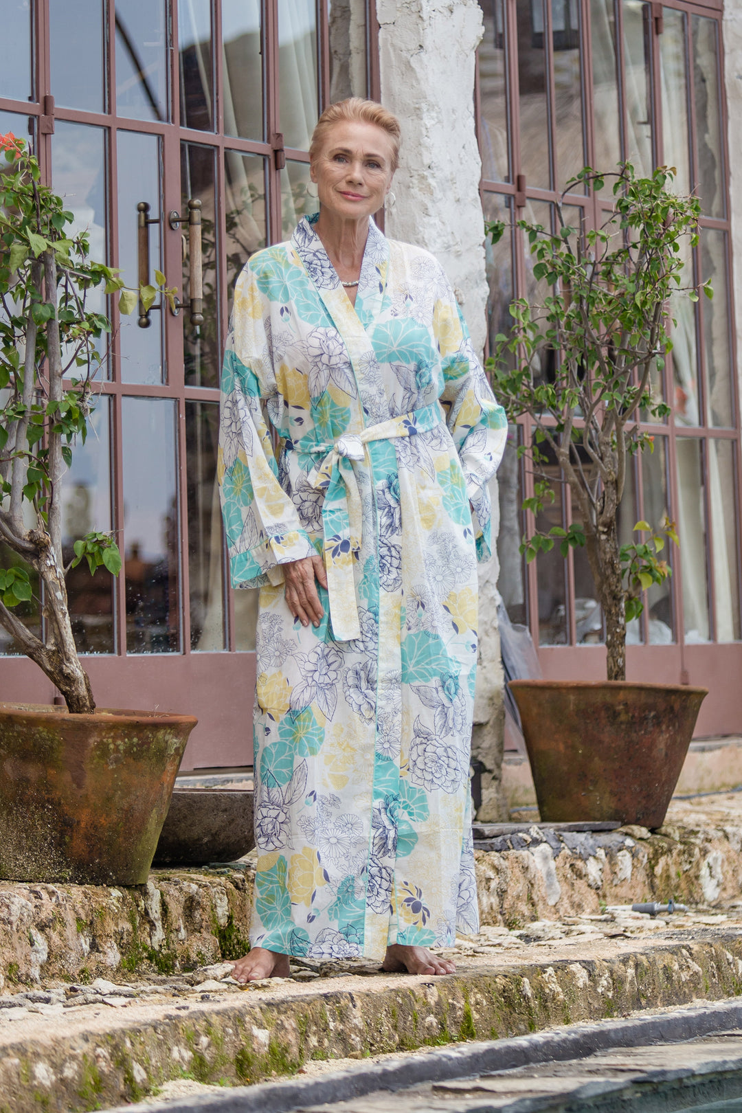 Cotton Robe with Printed Floral Motifs and Aquamarine Piping - Sweet Dreams