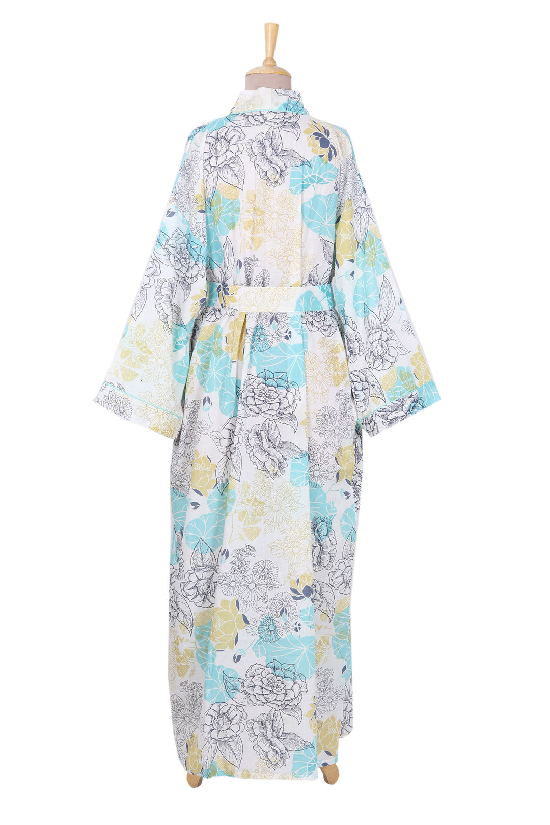 Cotton Robe with Printed Floral Motifs and Aquamarine Piping - Sweet Dreams